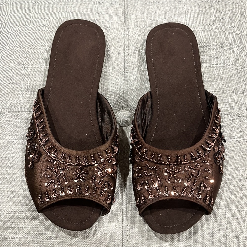 Brown Beaded Slippers
